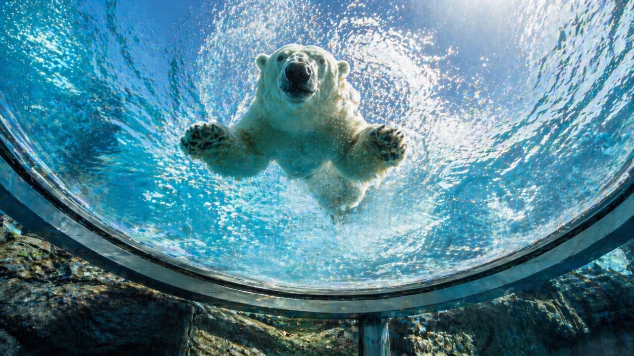 旭山動物園のしろくま館。アクリルドーム越しに間近で泳ぐホッキョクグマ