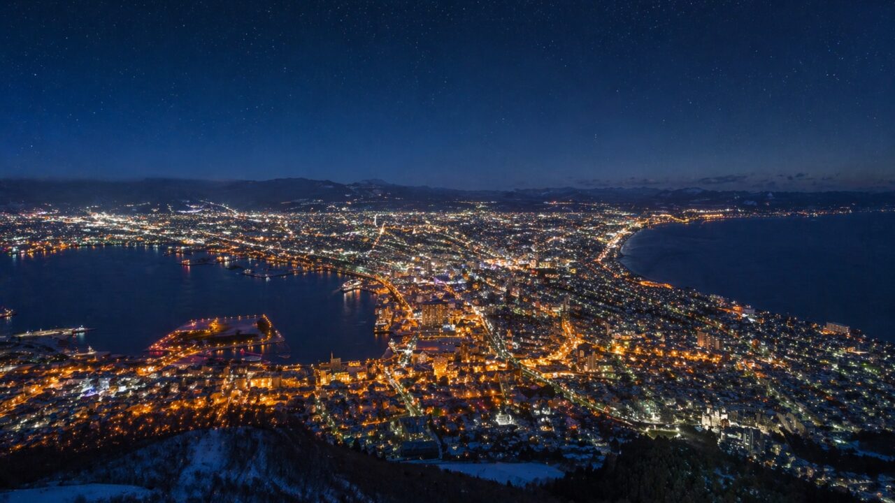 函館山から見た函館市街の夜景。扇形に広がる街の灯りと星空