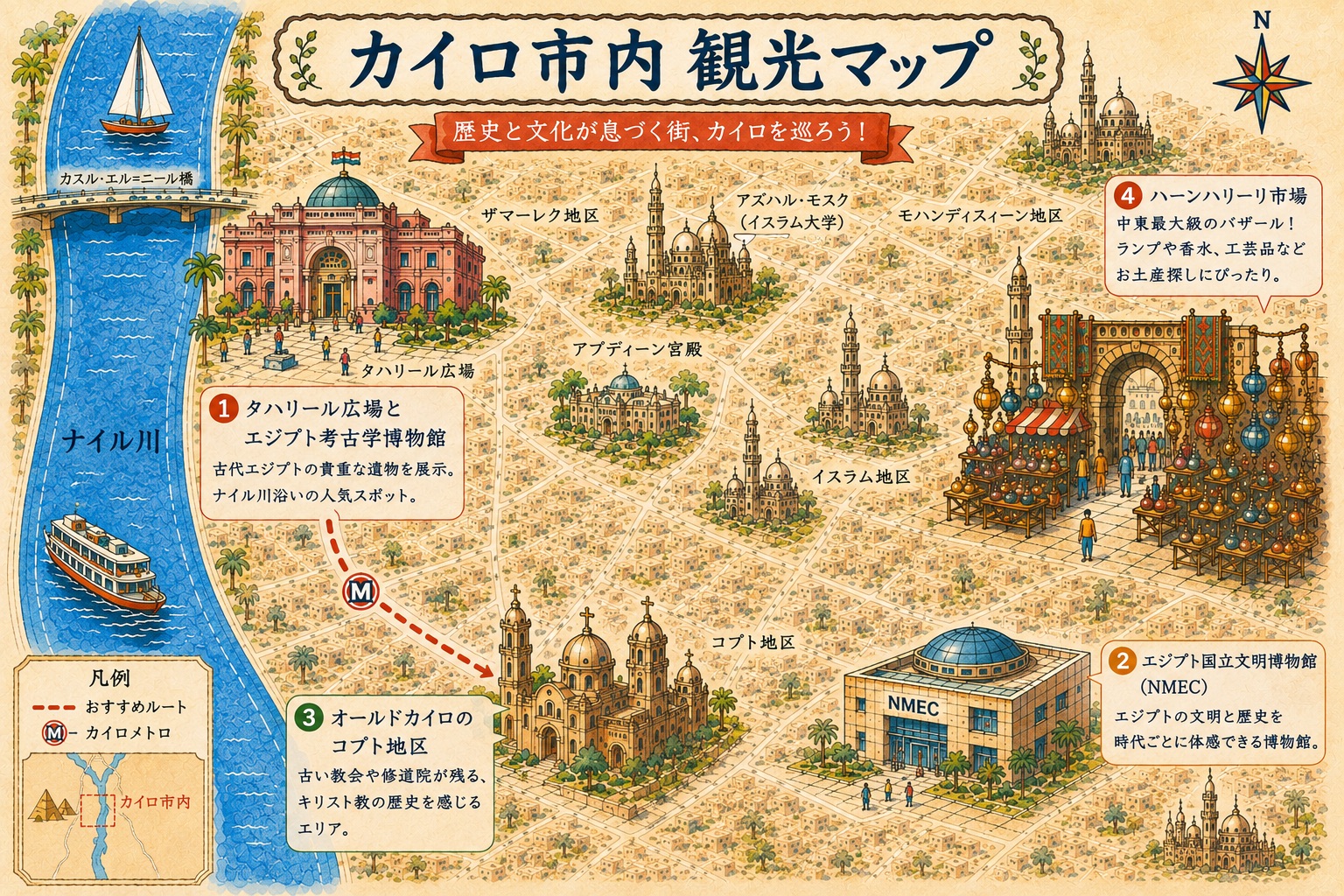 カイロ市内観光マップ（イラスト）｜タハリール広場・エジプト考古学博物館・国立文明博物館・コプト地区・ハーンハリーリ市場