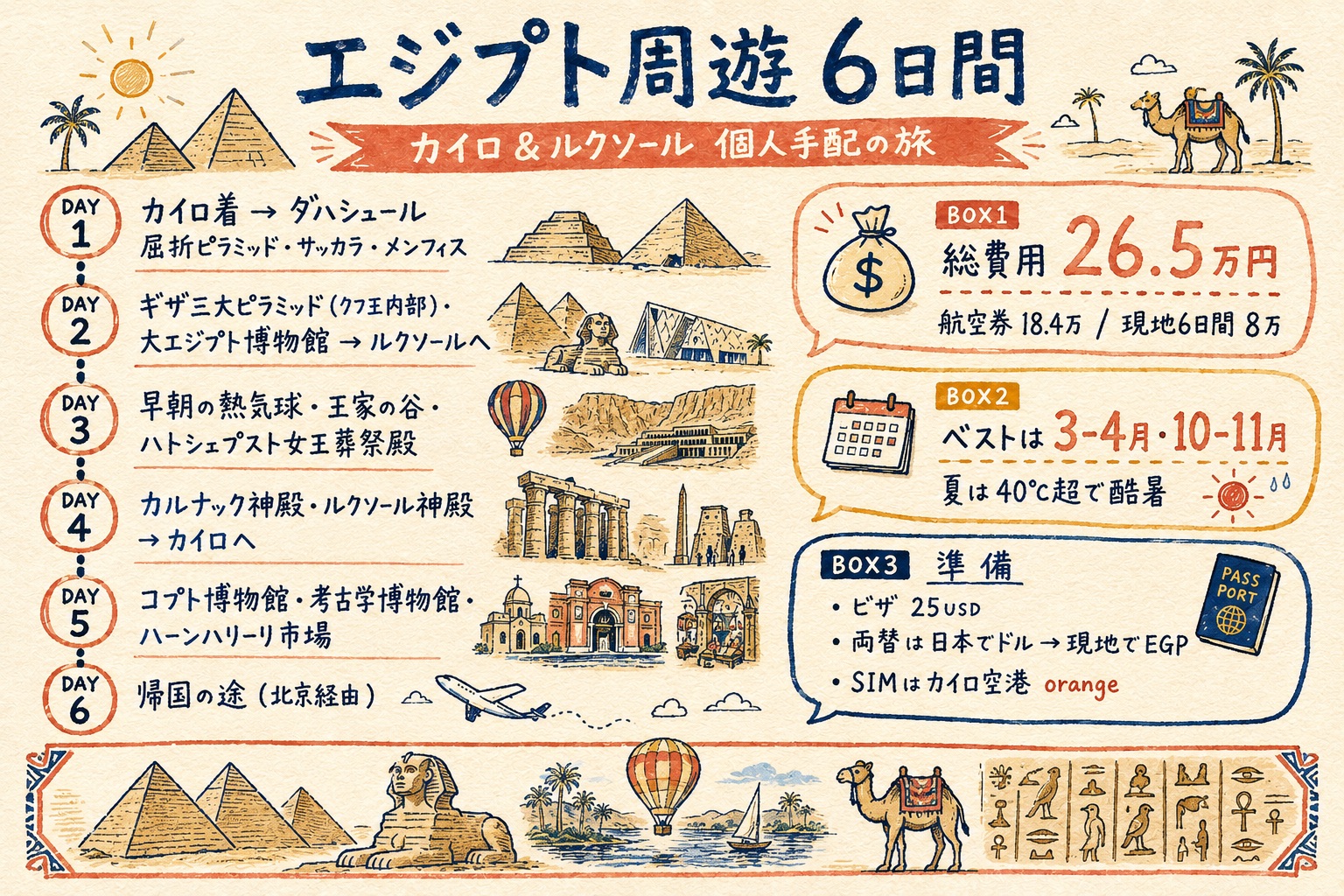エジプト周遊6日間 個人旅行のグラフィックレコーディング(カイロ・ギザ・ルクソール/費用26.5万円/ベストシーズン)