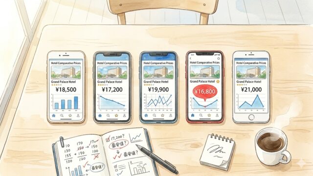 5台のスマホで同じホテルの違う料金を比較するイラスト（ホテル予約サイト比較ハブ アイキャッチ）