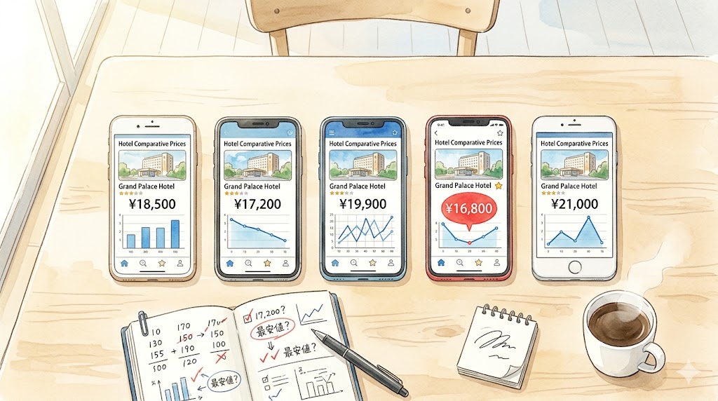 5台のスマホで同じホテルの違う料金を比較するイラスト（ホテル予約サイト比較ハブ アイキャッチ）