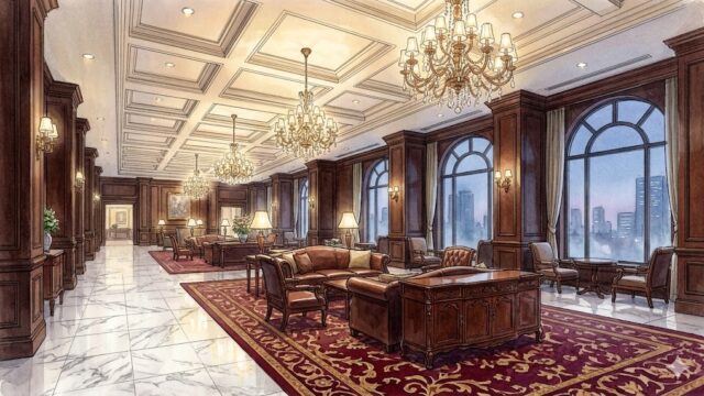 ザ・リッツ・カールトン大阪の英国邸宅風ロビー（リッツ大阪宿泊記アイキャッチ）