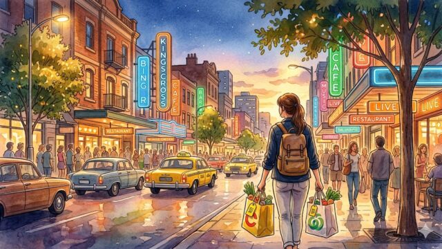 Kings Crossの夜の街並みとスーパーの買い物袋を持つ旅行者（シドニー物価・Kings Cross記事アイキャッチ）