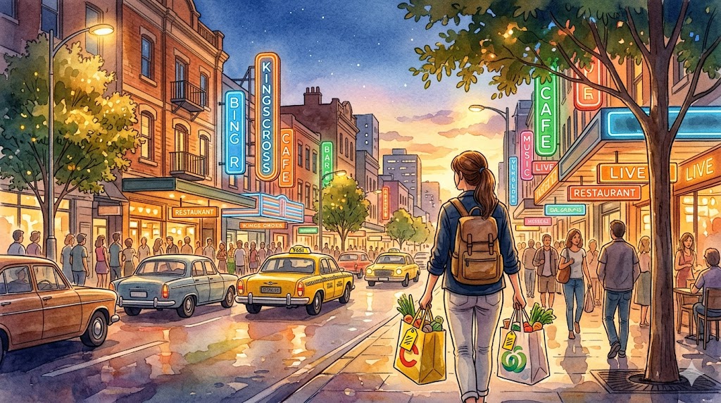 Kings Crossの夜の街並みとスーパーの買い物袋を持つ旅行者（シドニー物価・Kings Cross記事アイキャッチ）
