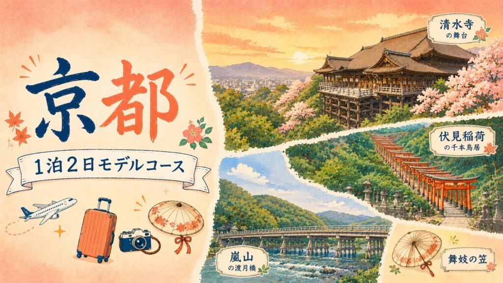 京都1泊2日で清水寺・伏見稲荷・嵐山を回るモデルコースのイメージ