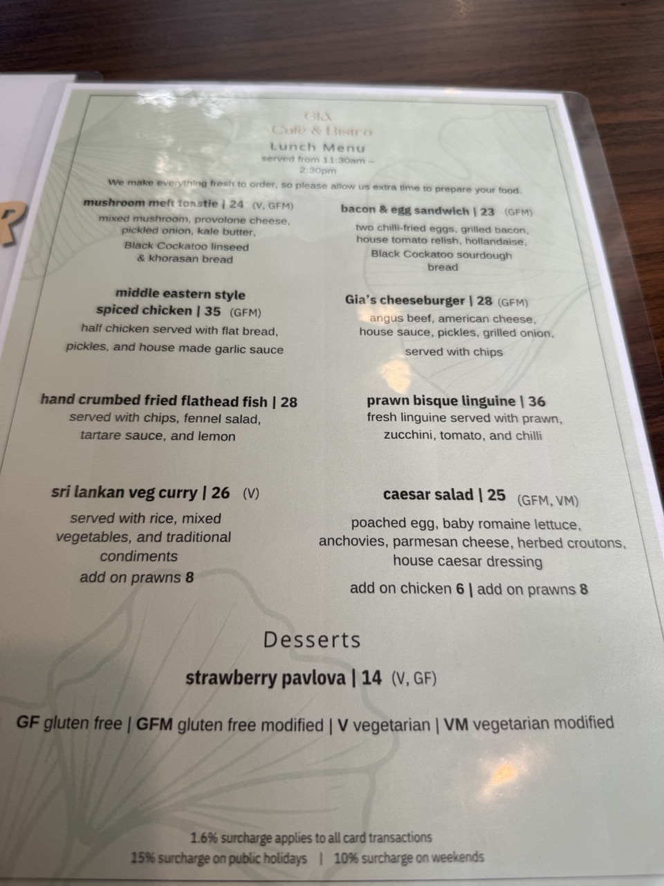 GIA Cafe Bistroのランチメニュー全体