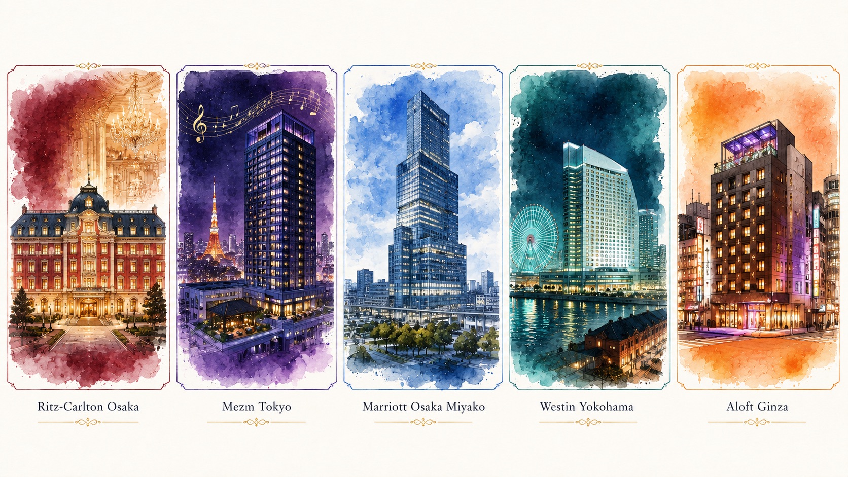 マリオット国内ホテル5選 比較インフォグラフィック（リッツ大阪・メズム東京・大阪マリオット都・ウェスティン横浜・アロフト銀座）
