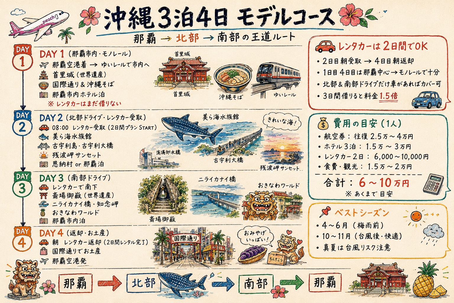 沖縄3泊4日 モデルコースのグラフィックレコーディング(那覇→北部→南部・レンタカー2日間レンタル想定・費用目安)