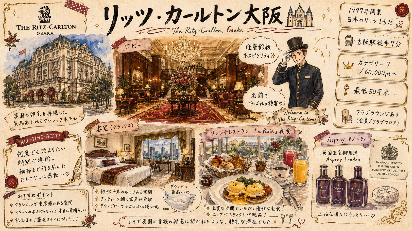 ザ・リッツ・カールトン大阪 宿泊レビューのグラフィックレコーディング(外観・ロビー・客室・ラ・ベ朝食・Asprey)