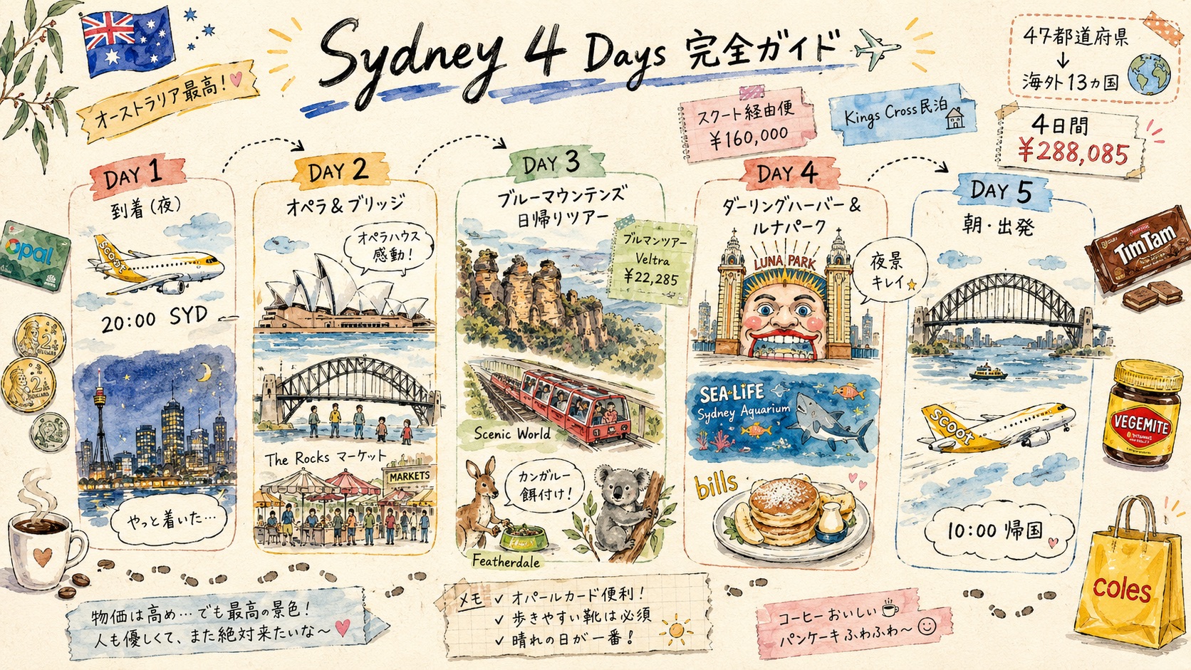 シドニー4日間モデルコースのグラフィックレコーディング（DAY1〜5の旅程・ハイライト・実費を1枚に手描き化）