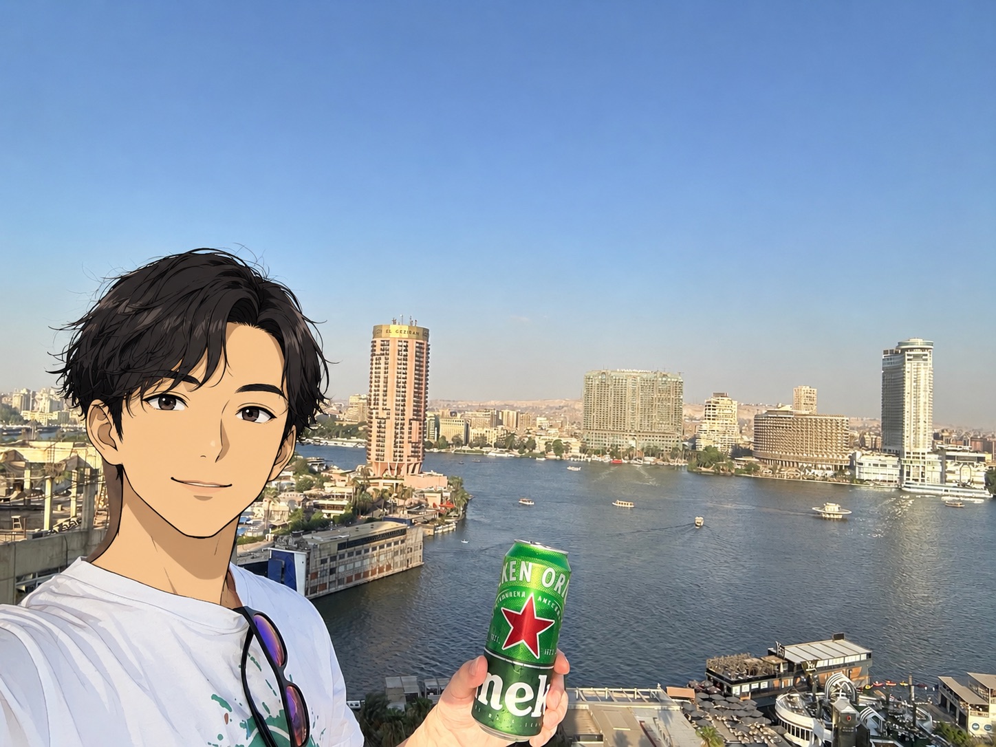 バルコニーで撮影したナイル川ビューとリラックスショット