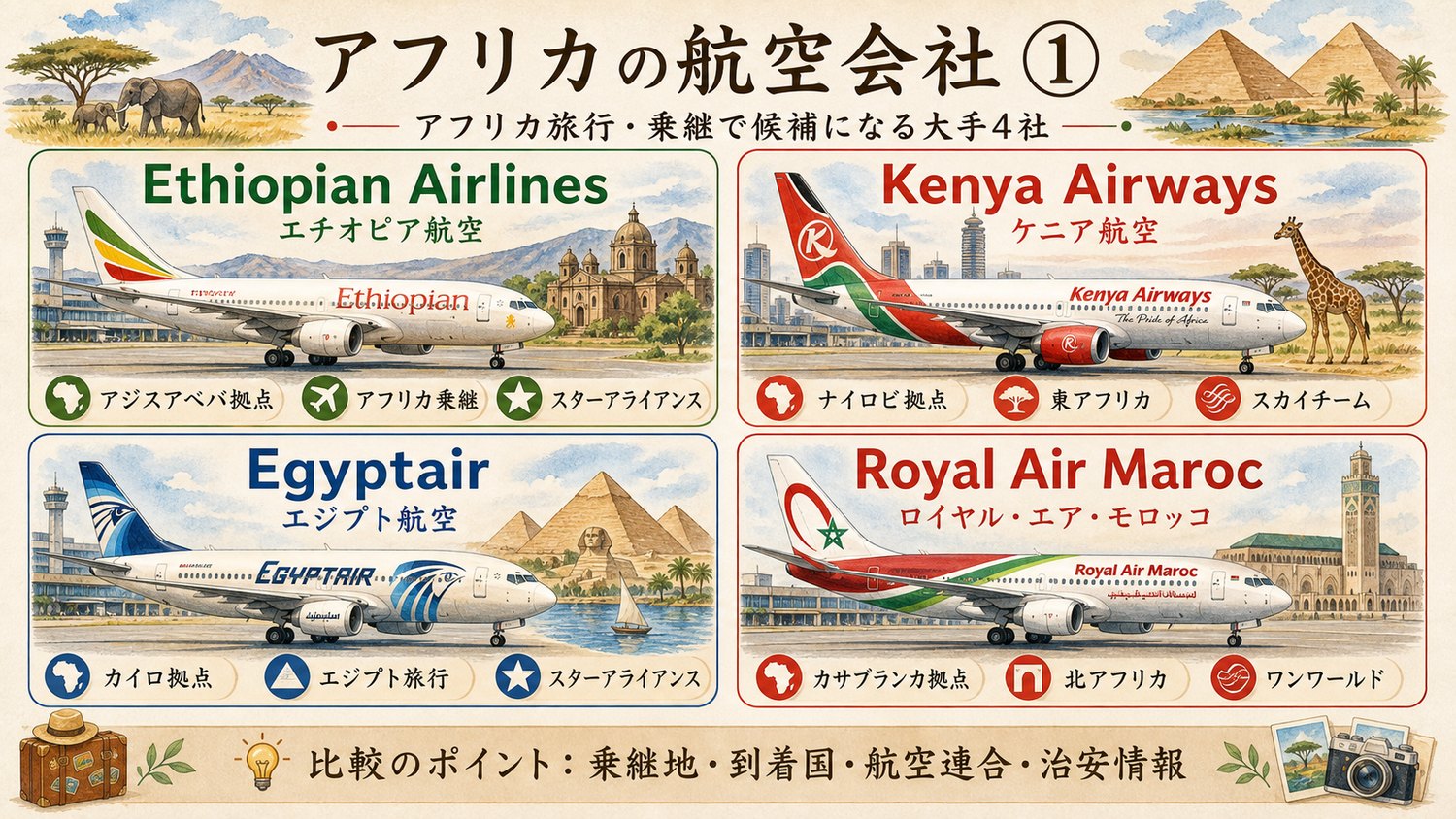 アフリカ旅行や乗継で候補になる大手航空会社を比較したイメージ図