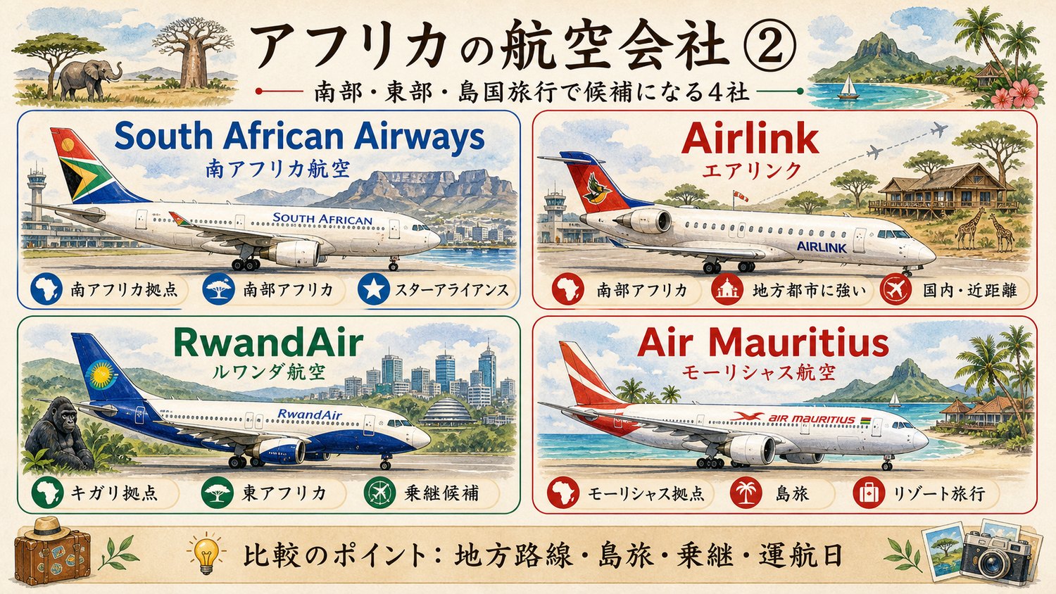 南部、東部、島国旅行で候補になるアフリカの航空会社を比較したイメージ図