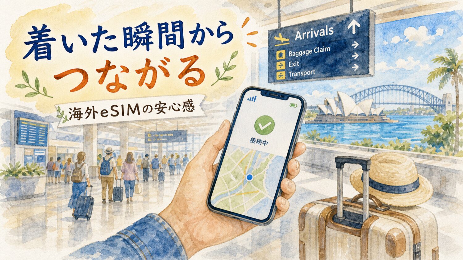 シドニー到着後に海外eSIMでスマホがすぐつながる安心感を描いた水彩イラスト