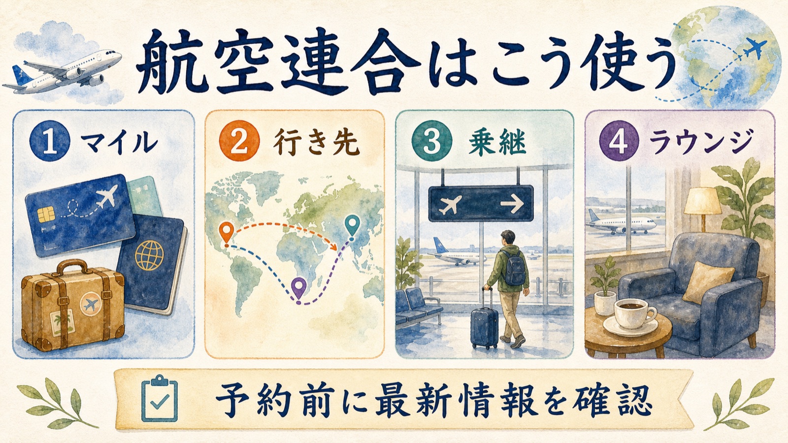 航空連合をマイル、行き先、乗継、ラウンジで確認するイメージ図