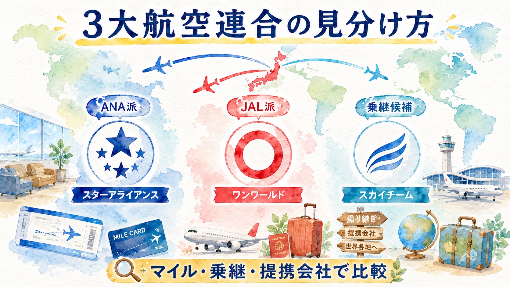 スターアライアンス、ワンワールド、スカイチームをマイル・乗継・提携会社で比較する水彩図