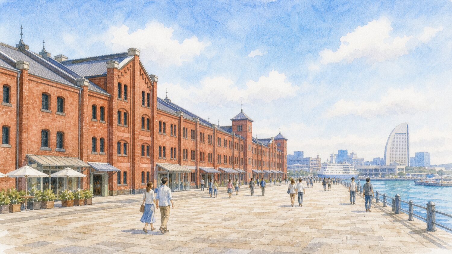 横浜赤レンガ倉庫と港沿いの広場を水彩タッチで描いたイメージ