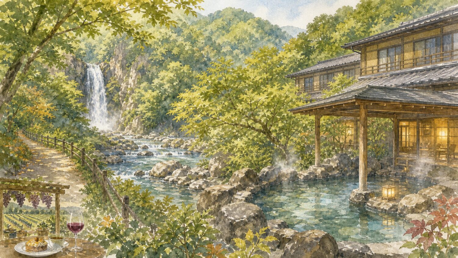 秋保温泉の渓谷、露天風呂、温泉旅館、滝を描いた水彩イラスト