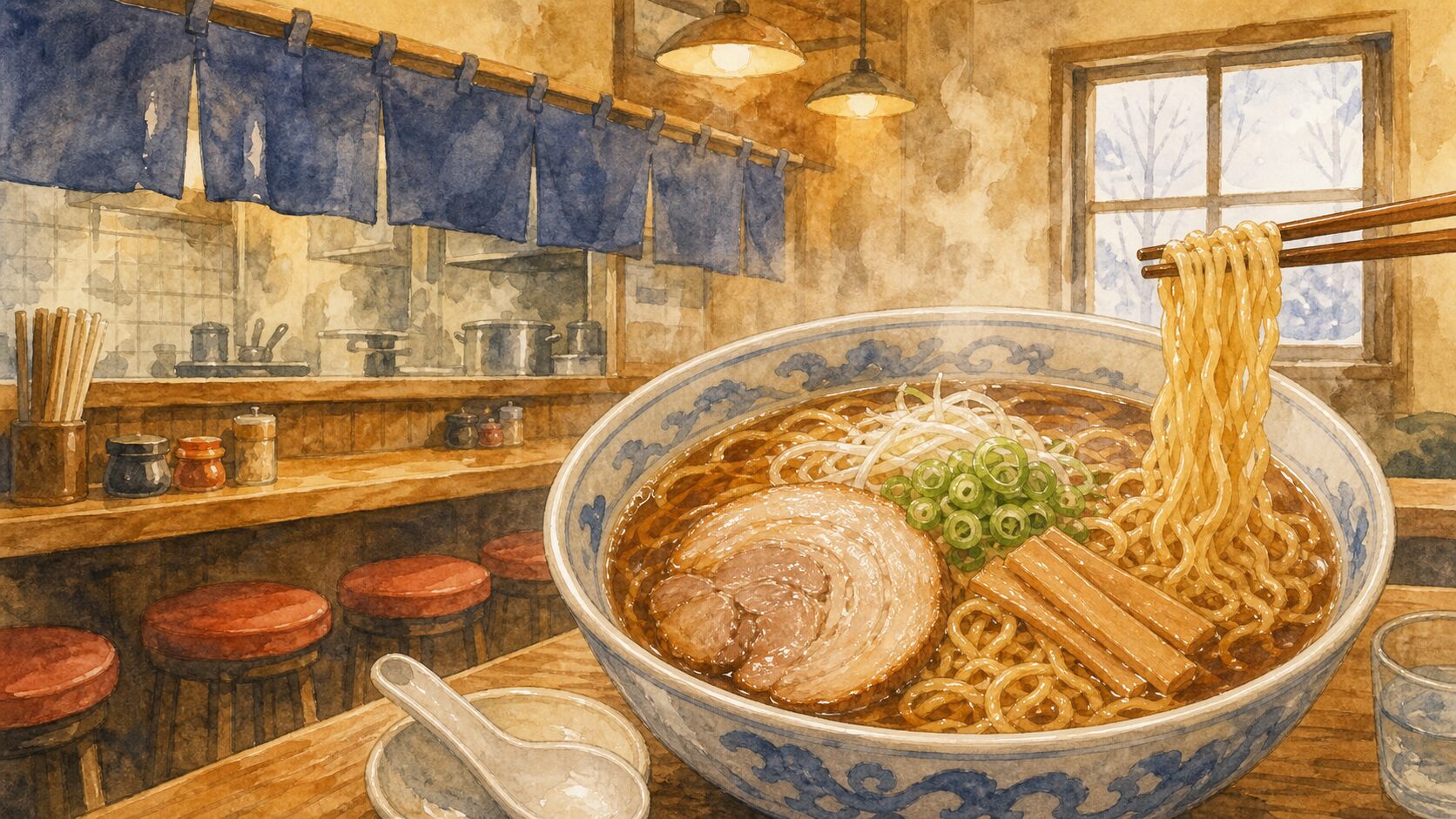 旭川ラーメン店のカウンターと醤油ラーメンを水彩タッチで描いたイメージ