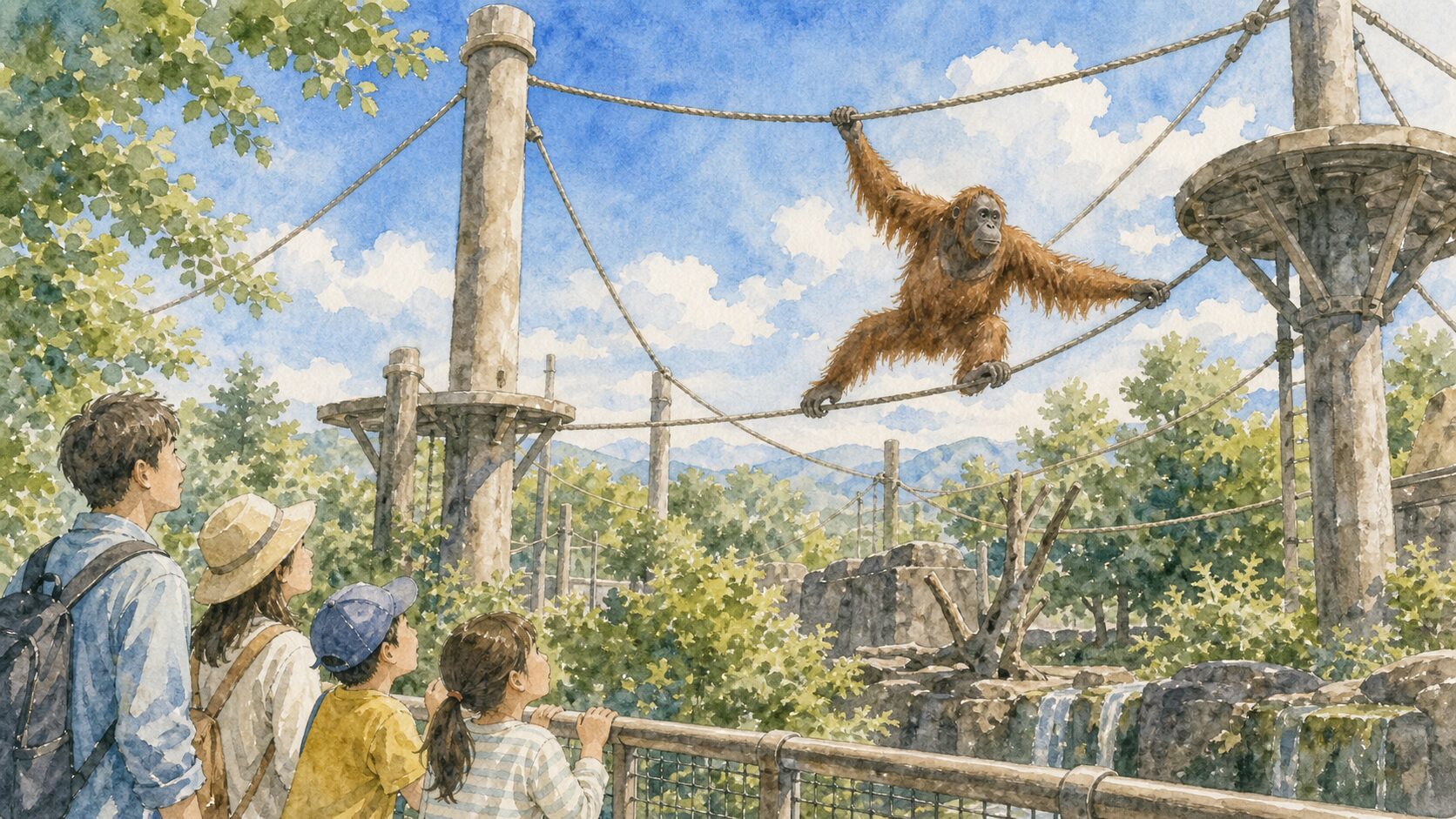 旭山動物園のオランウータンのスカイウォークを水彩タッチで描いたイメージ
