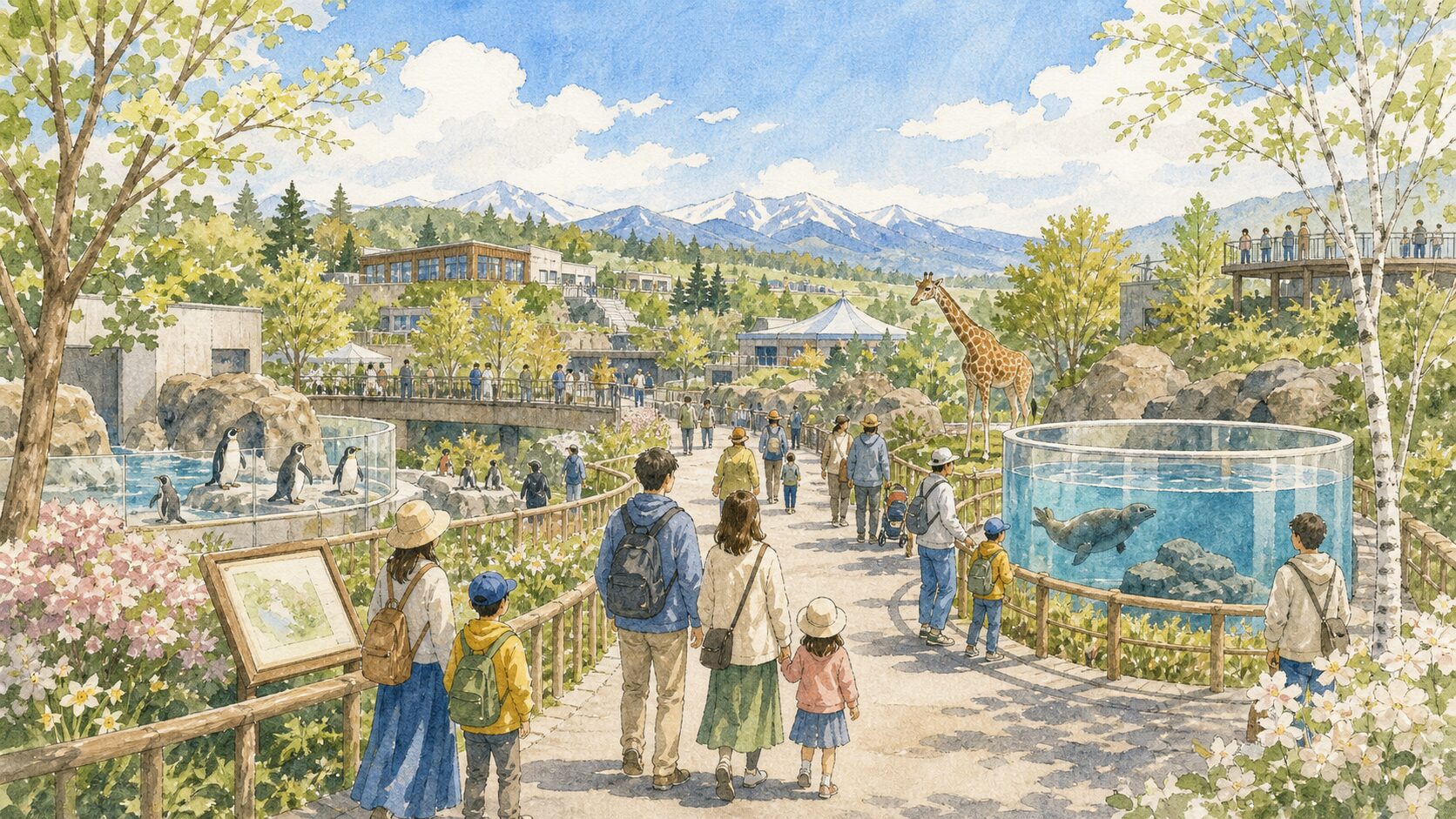 旭山動物園の園内を水彩タッチで描いたイメージ