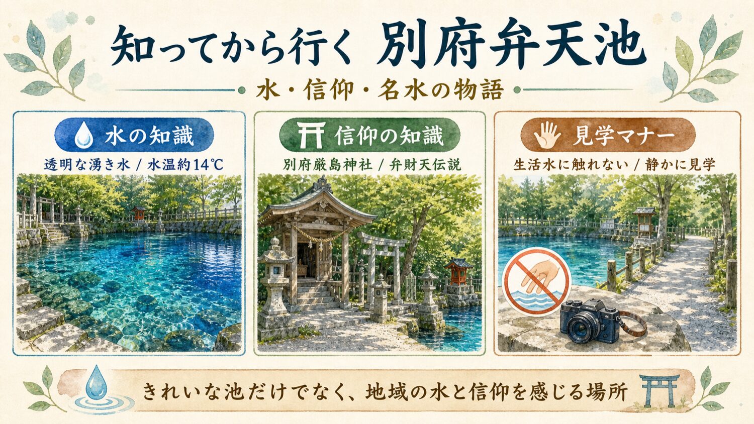 別府弁天池の水の知識、信仰の知識、見学マナーをまとめたインフォグラフィック