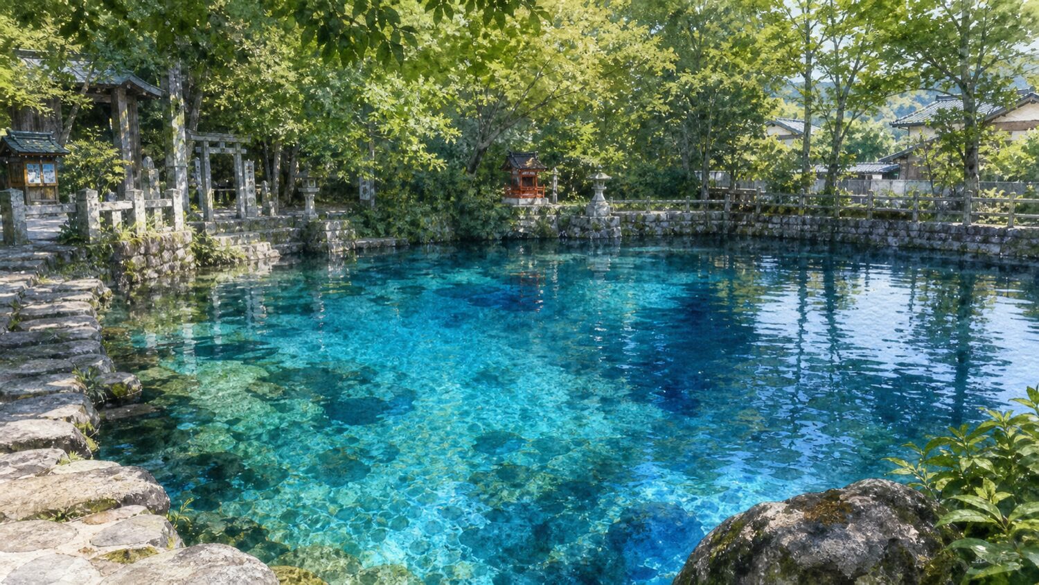 山口県美祢市の別府弁天池をイメージした、青く澄んだ湧き水と木陰の風景