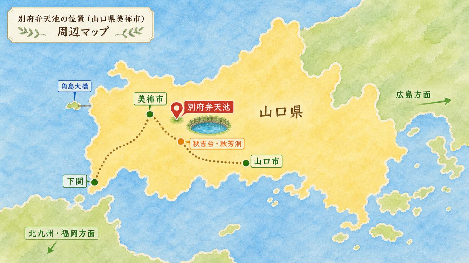 山口県内での別府弁天池の位置を示す簡易マップ。角島大橋を本州寄りに配置した修正版