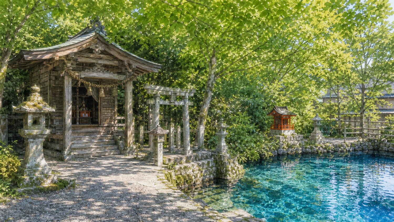 別府弁天池のすぐ隣にある別府厳島神社をイメージした神社と青い湧き水の風景