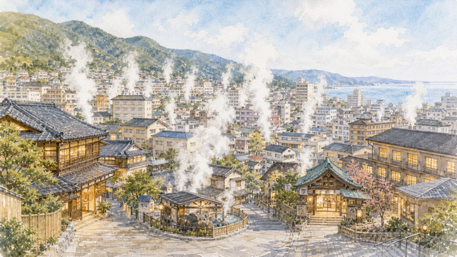別府温泉街の湯けむりと海の見える街並みを水彩タッチで描いたイメージ