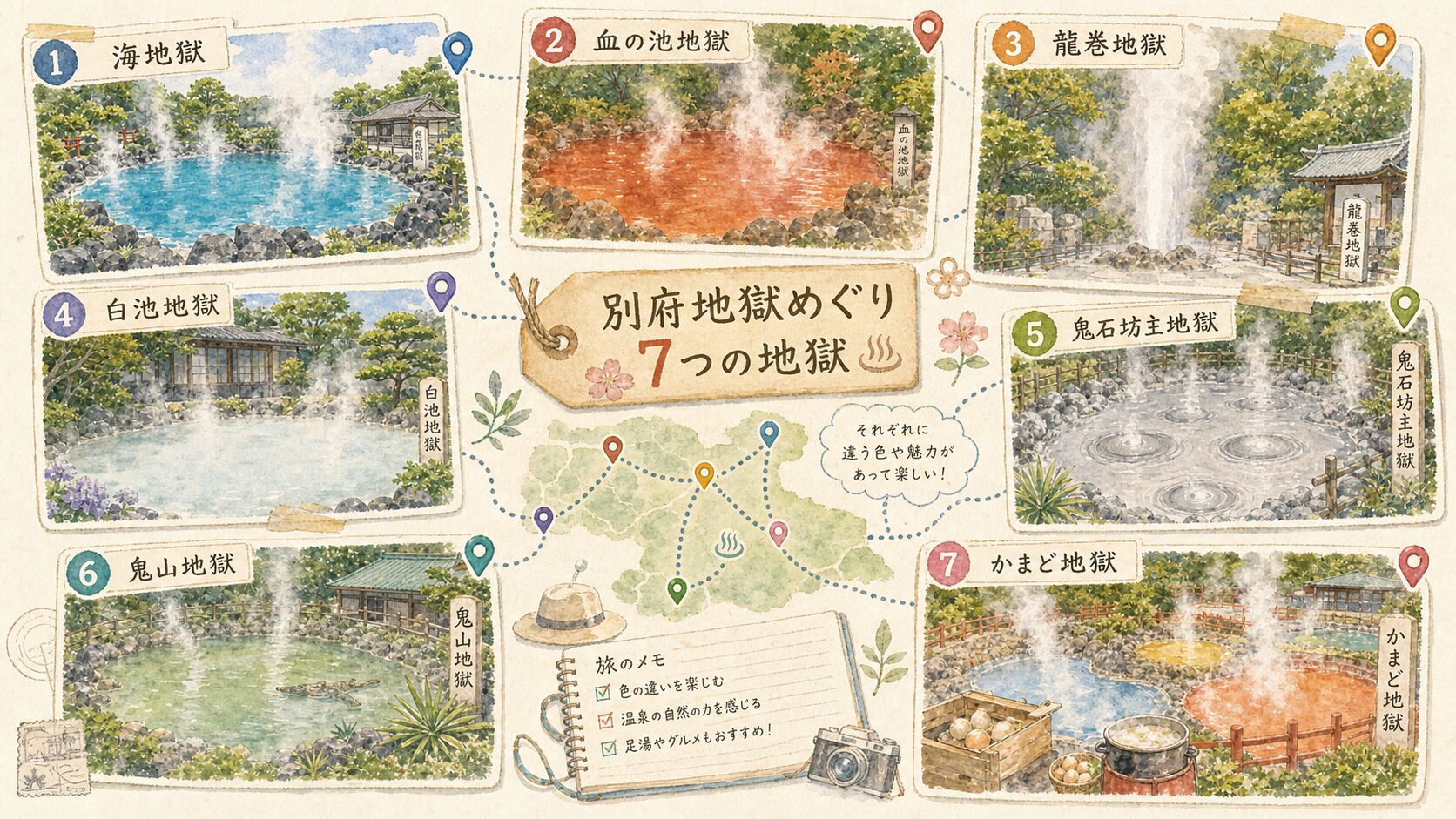 別府地獄めぐりの海地獄、血の池地獄、龍巻地獄、白池地獄、鬼石坊主地獄、鬼山地獄、かまど地獄を別々のカードでまとめた水彩イメージ