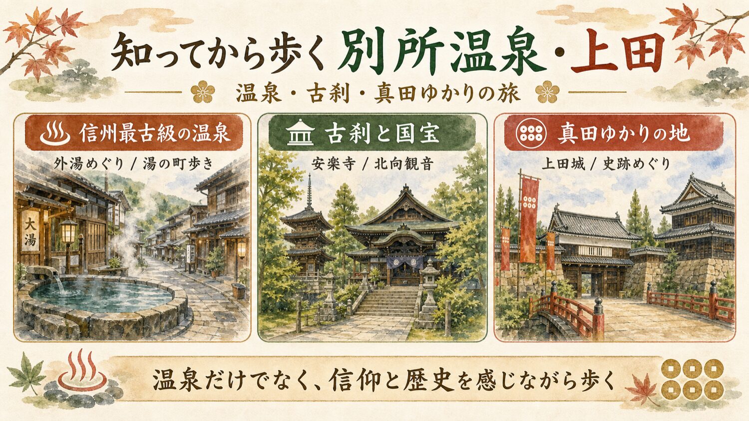 別所温泉と上田を温泉、古刹、真田ゆかりの地として理解するインフォグラフィック