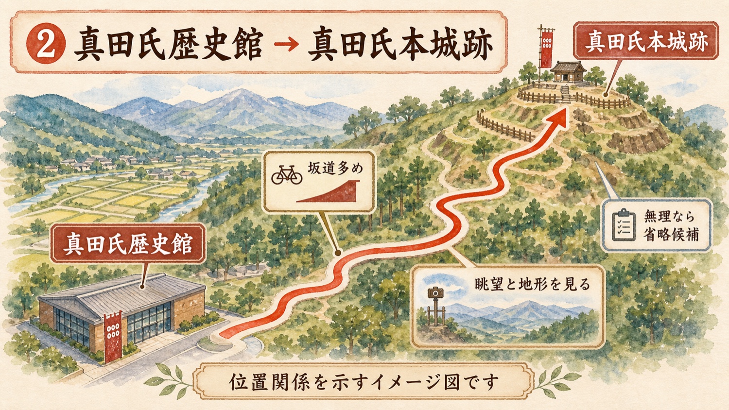 真田氏歴史館から真田氏本城跡へ坂道を進む簡易ルート図