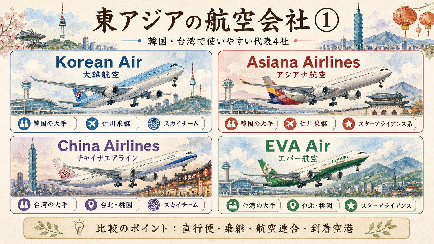 韓国と台湾の代表的な航空会社を比較したイメージ図