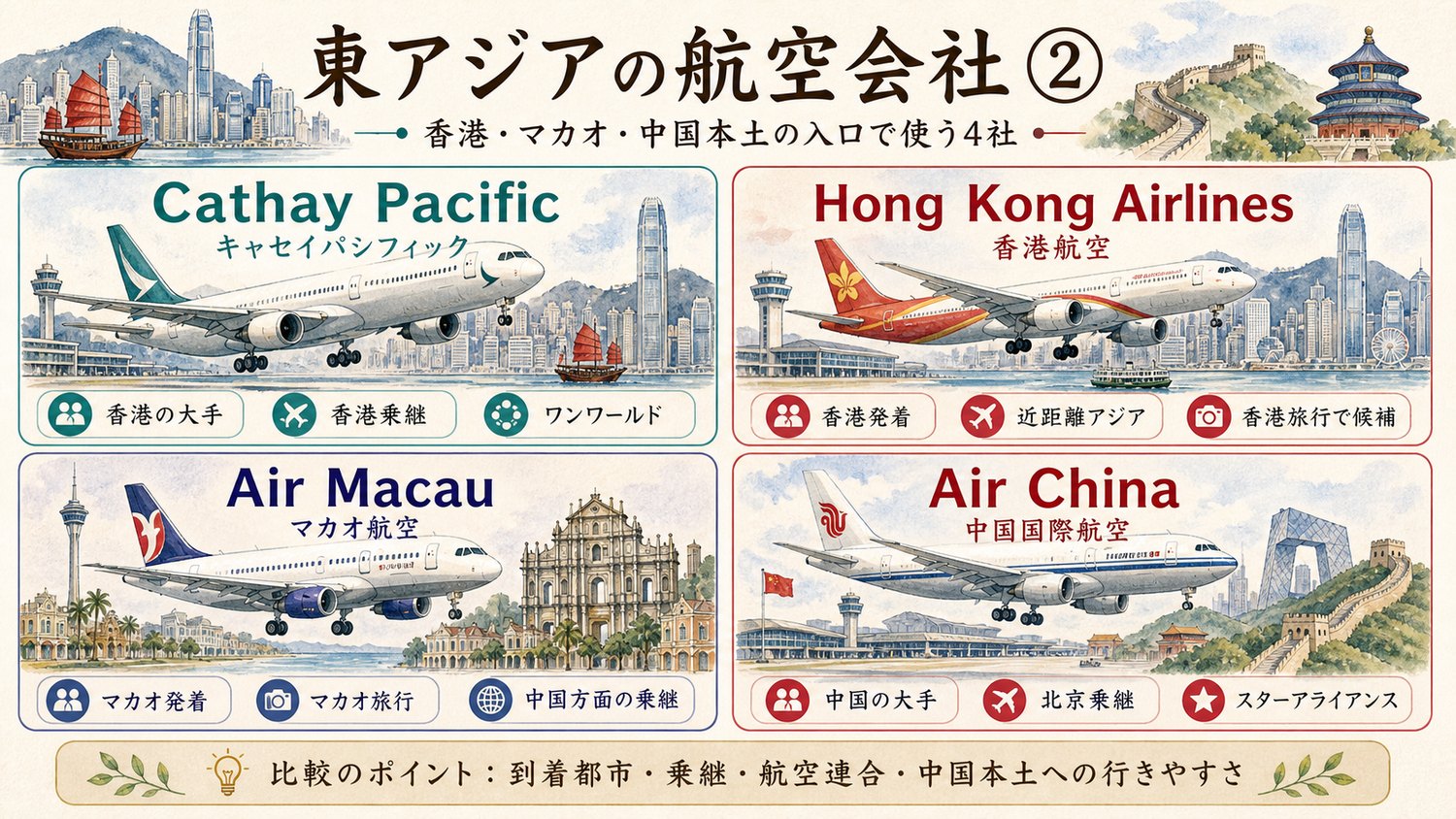 香港、マカオ、中国本土の航空会社を比較したイメージ図