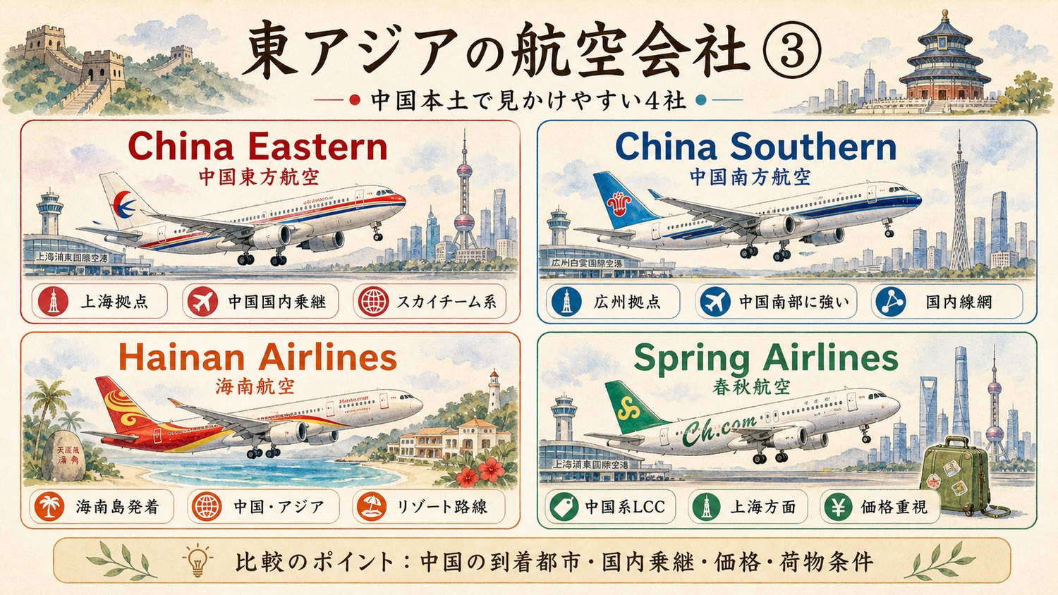 中国本土で見かけやすい航空会社を比較したイメージ図