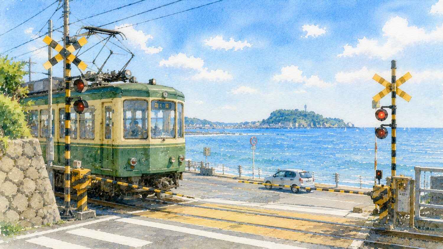江ノ電と海が見える鎌倉高校前踏切を水彩タッチで描いたイメージ