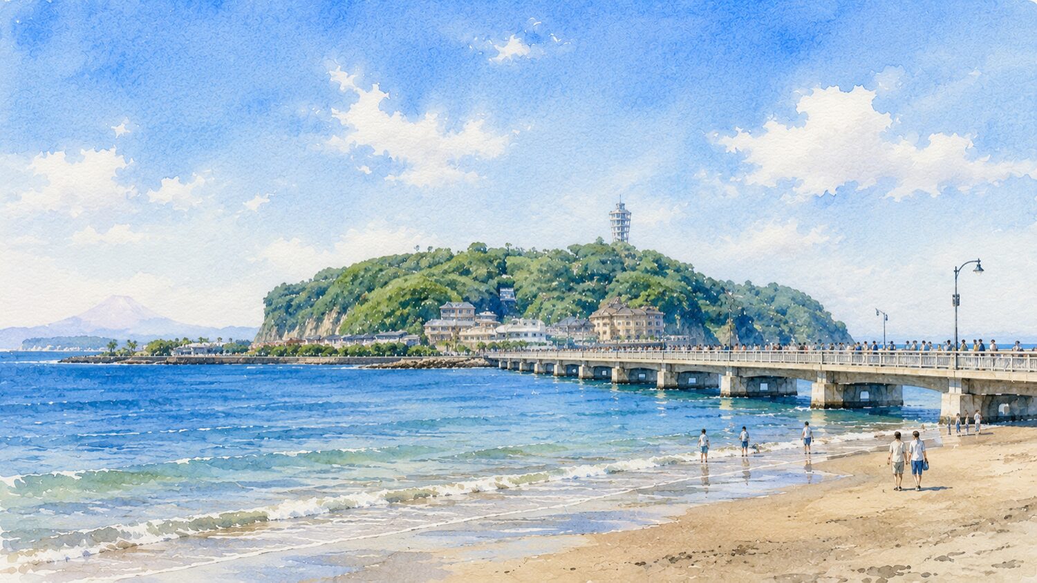 江ノ島と江ノ島弁天橋を水彩タッチで描いたイメージ