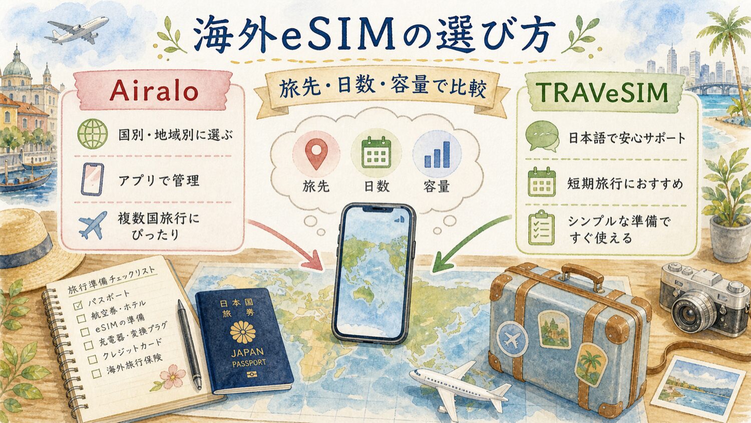 海外eSIMをAiraloとTRAVeSIMで旅先、日数、容量から比較する水彩イラスト