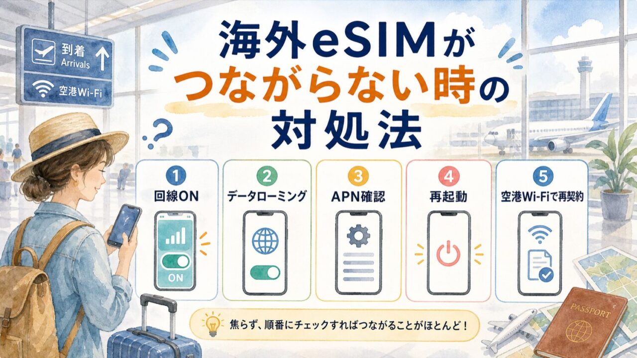 海外eSIMが繋がらない時に回線オン、データローミング、APN確認、再起動、空港Wi-Fiで再契約を確認する水彩インフォグラフィック