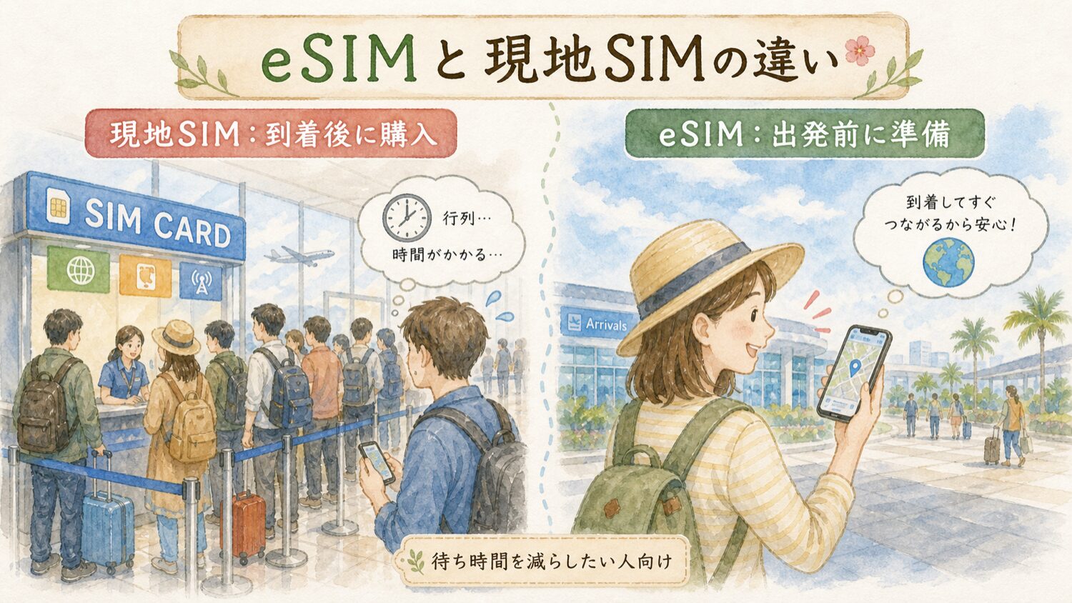 海外eSIMと現地物理SIMの違いを比較した水彩イラスト