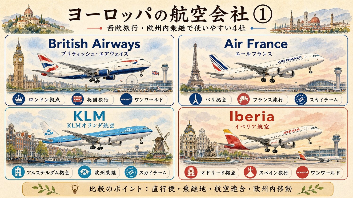 西欧旅行や欧州内乗継で使いやすい航空会社を比較したイメージ図