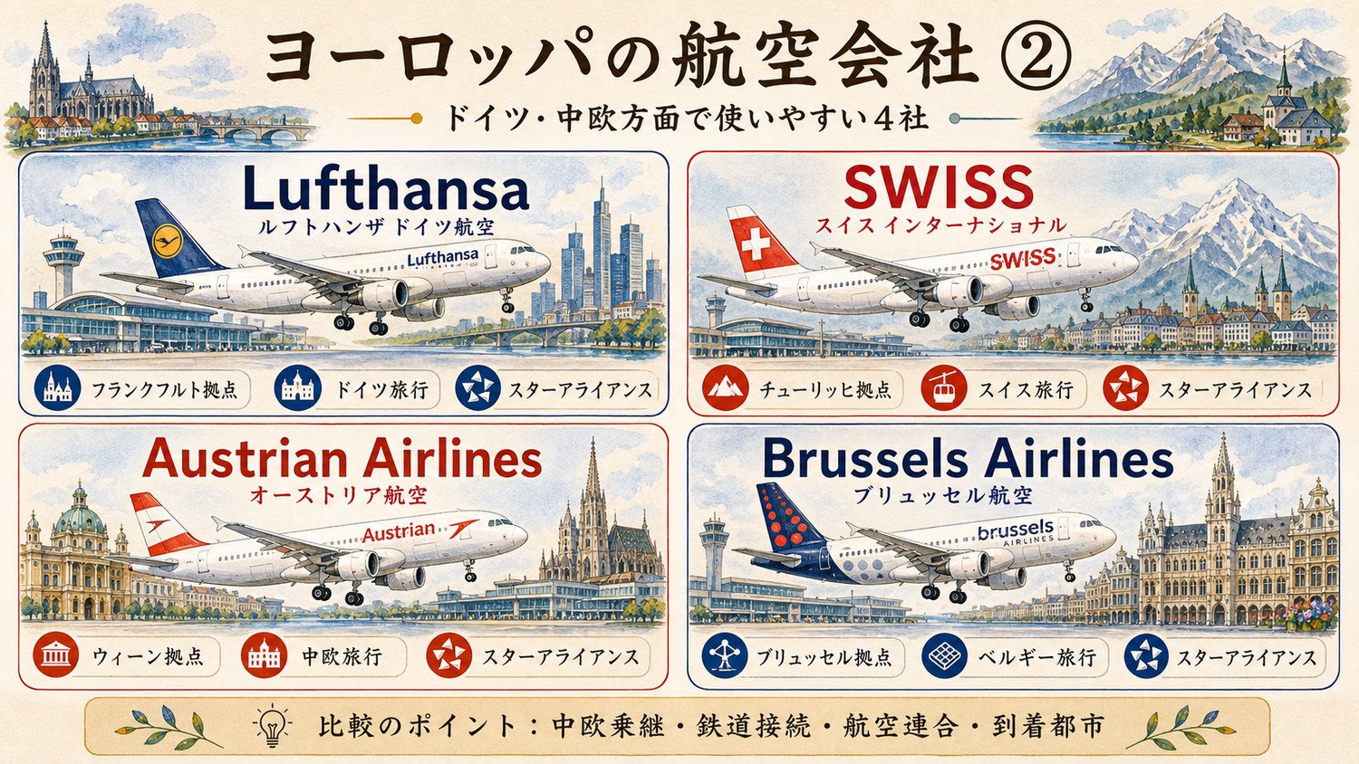 ドイツや中欧方面で使いやすい航空会社を比較したイメージ図
