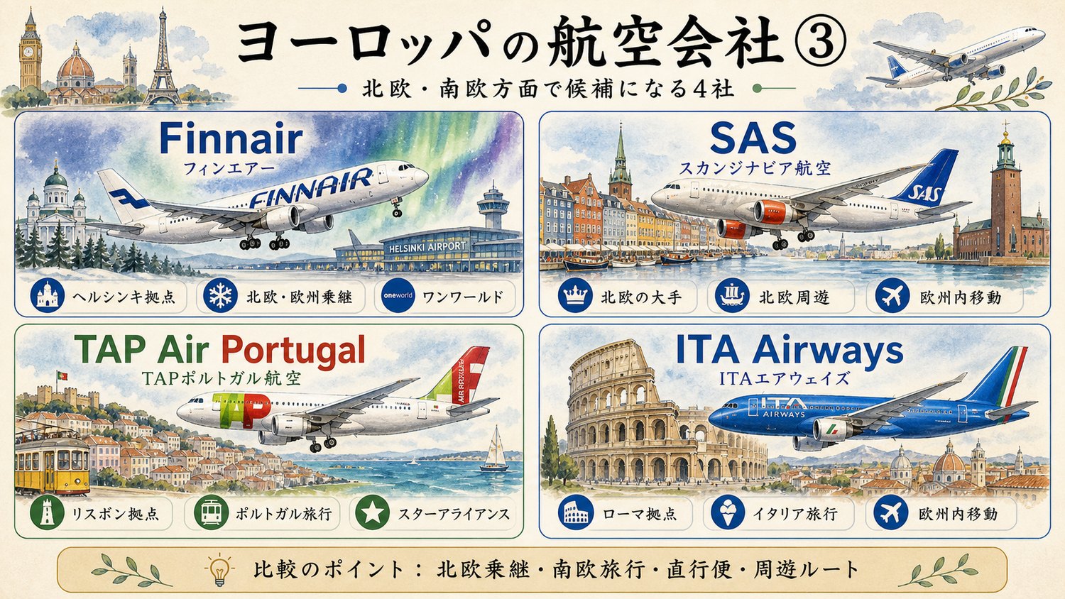 北欧と南欧方面で候補になる航空会社を比較したイメージ図