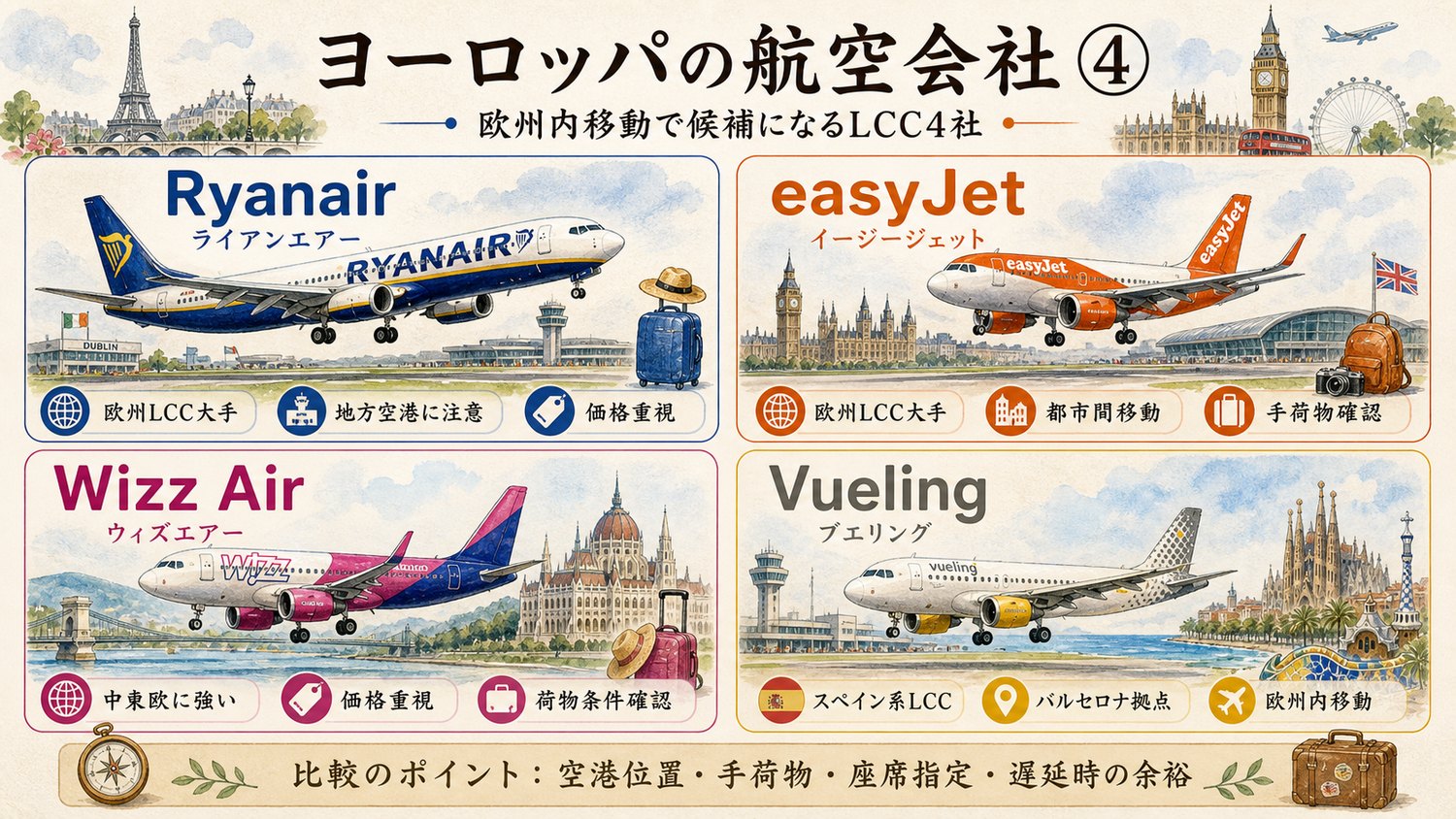 ヨーロッパ内移動で候補になるLCCを比較したイメージ図