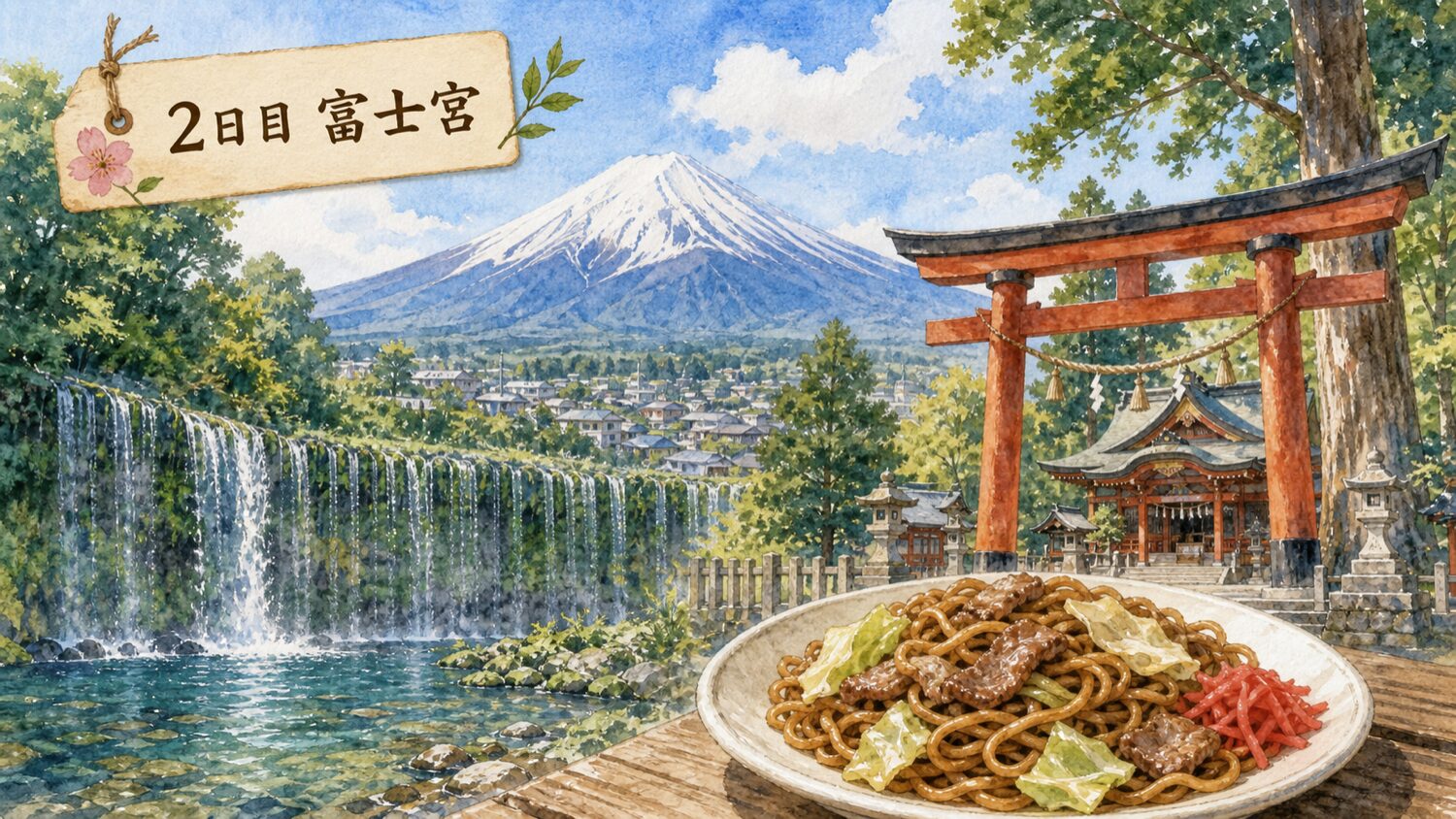 富士宮から見る富士山 白糸ノ滝 浅間大社 富士宮やきそばを描いた水彩イメージ