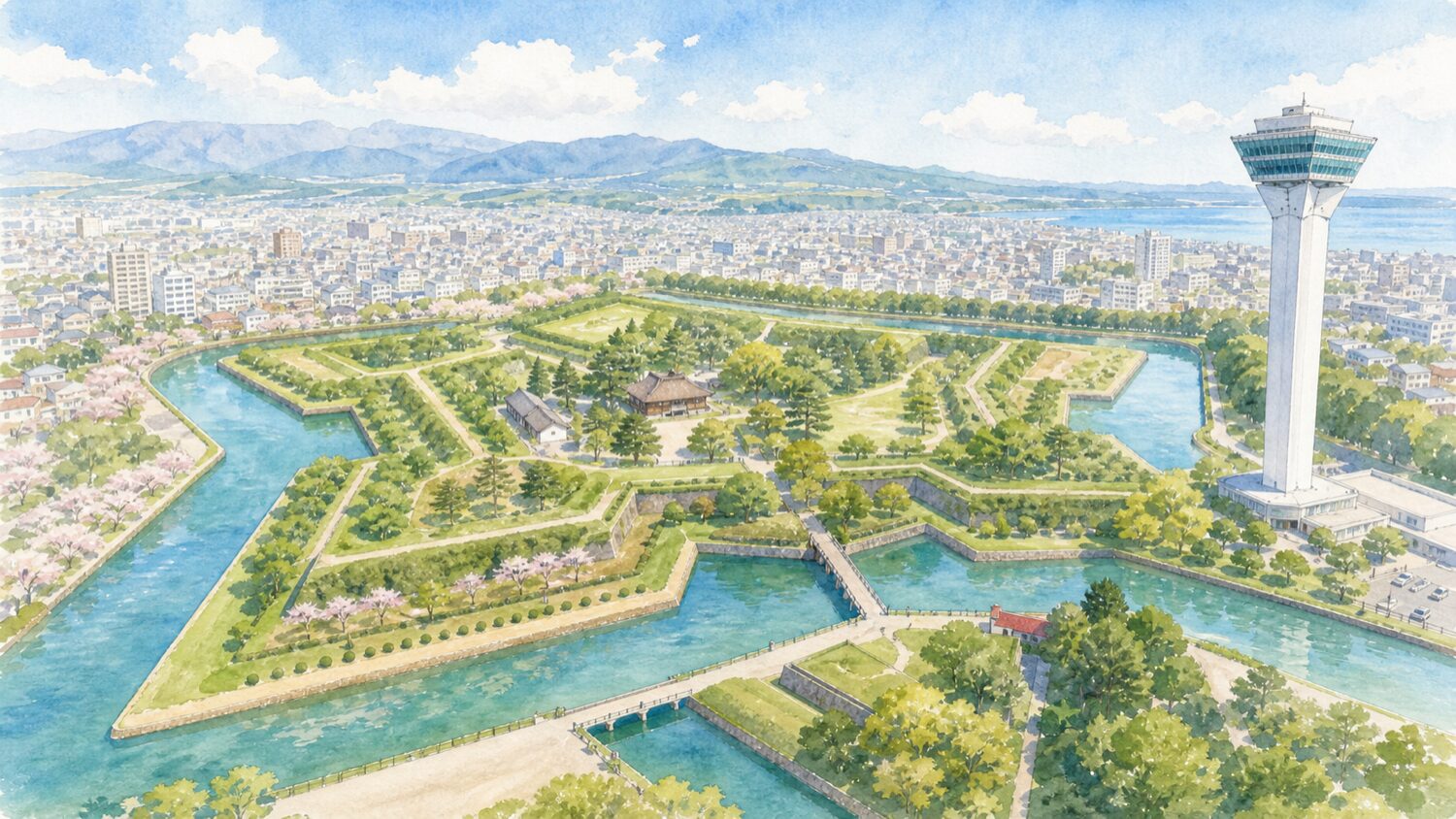 五稜郭公園と五稜郭タワーを日中の水彩タッチで描いたイメージ