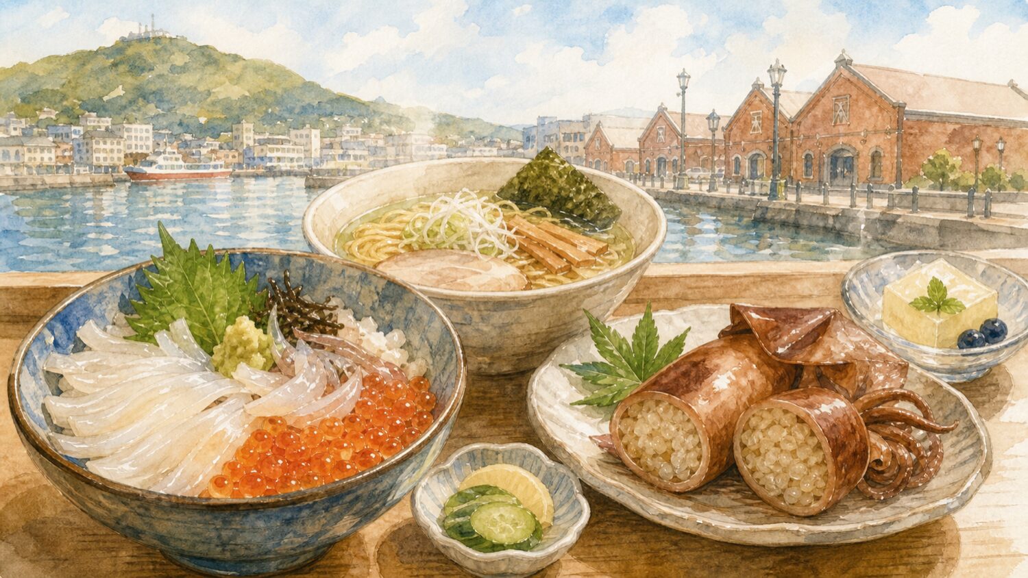 函館グルメの海鮮丼、塩ラーメン、いかめしを水彩タッチで描いたイメージ