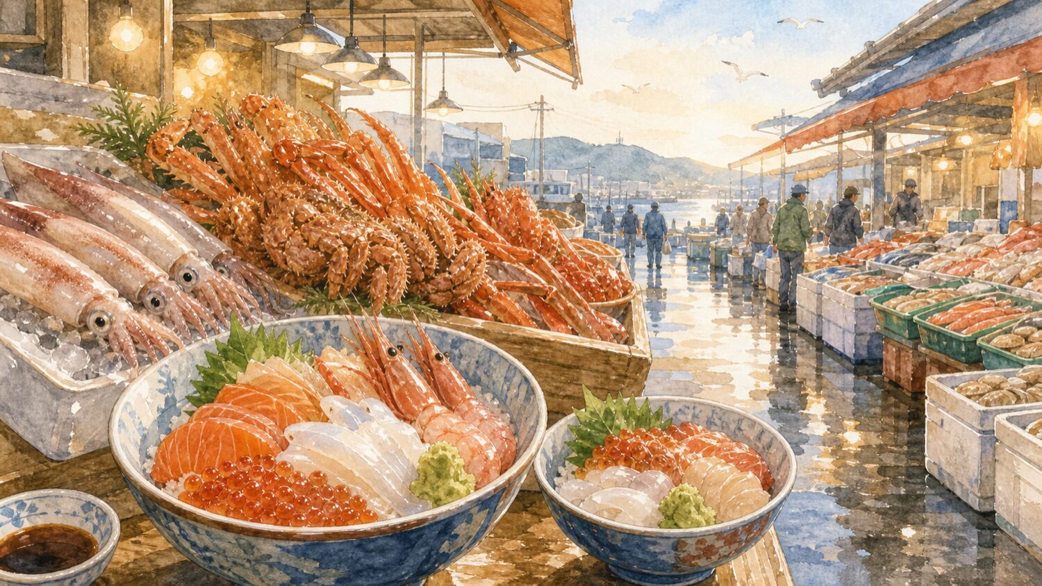 函館朝市の海鮮丼と市場の雰囲気を水彩タッチで描いたイメージ